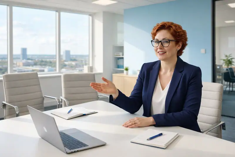 Mauven MacLeod seated at a modern meeting room table in a bright UK office, in conversation