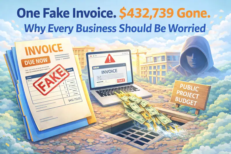 A finance themed cyber security image showing a fake invoice, email threat, and money disappearing from a public project budget